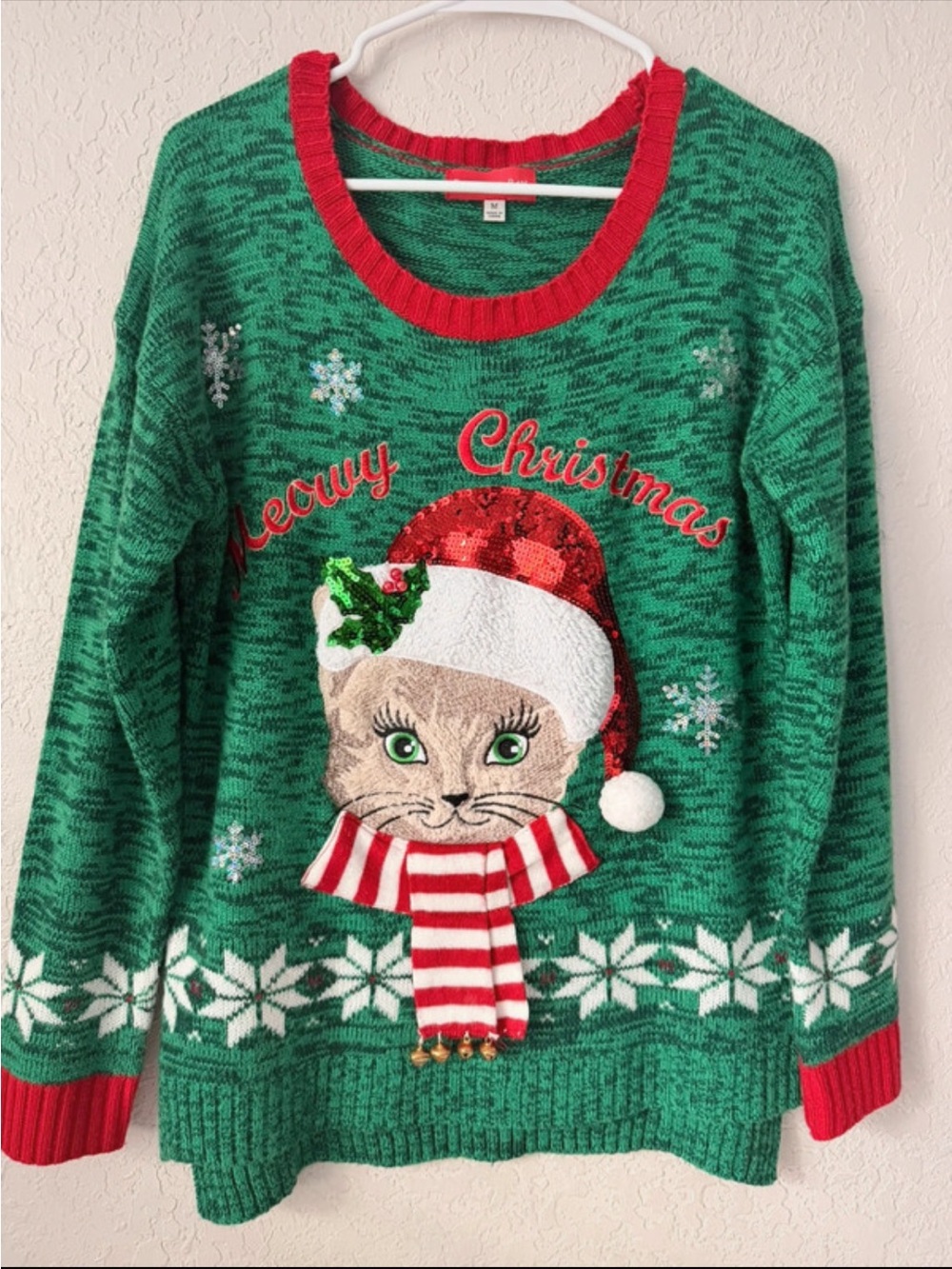 Festive Green 'Meowy Christmas' Cat Crewneck Sweater